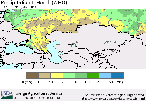 Russian Federation Precipitation 1-Month (WMO) Thematic Map For 1/6/2023 - 2/5/2023