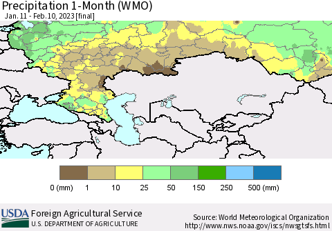 Russian Federation Precipitation 1-Month (WMO) Thematic Map For 1/11/2023 - 2/10/2023