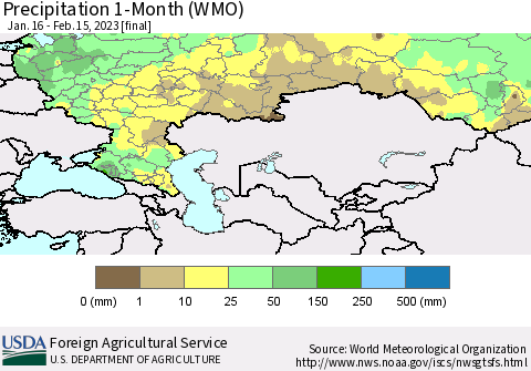 Russian Federation Precipitation 1-Month (WMO) Thematic Map For 1/16/2023 - 2/15/2023