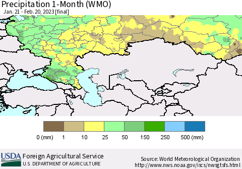 Russian Federation Precipitation 1-Month (WMO) Thematic Map For 1/21/2023 - 2/20/2023