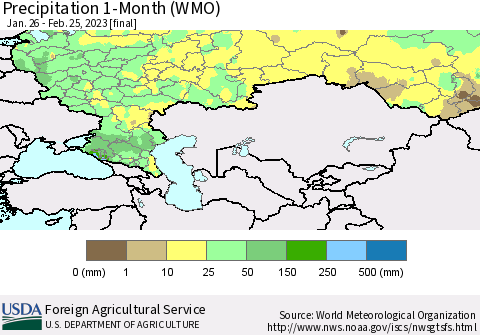 Russian Federation Precipitation 1-Month (WMO) Thematic Map For 1/26/2023 - 2/25/2023
