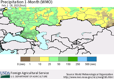 Russian Federation Precipitation 1-Month (WMO) Thematic Map For 2/1/2023 - 2/28/2023