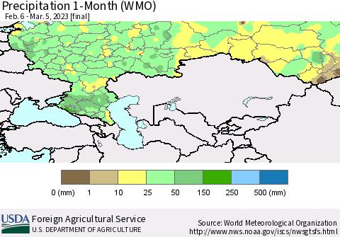 Russian Federation Precipitation 1-Month (WMO) Thematic Map For 2/6/2023 - 3/5/2023