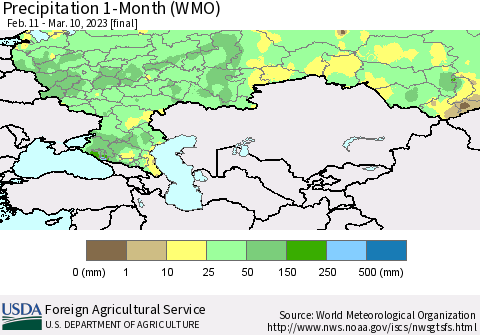 Russian Federation Precipitation 1-Month (WMO) Thematic Map For 2/11/2023 - 3/10/2023