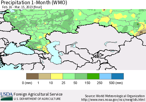 Russian Federation Precipitation 1-Month (WMO) Thematic Map For 2/16/2023 - 3/15/2023