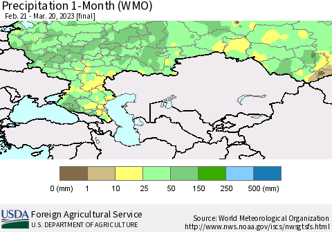 Russian Federation Precipitation 1-Month (WMO) Thematic Map For 2/21/2023 - 3/20/2023