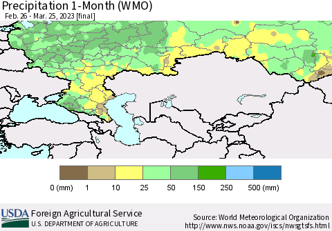Russian Federation Precipitation 1-Month (WMO) Thematic Map For 2/26/2023 - 3/25/2023