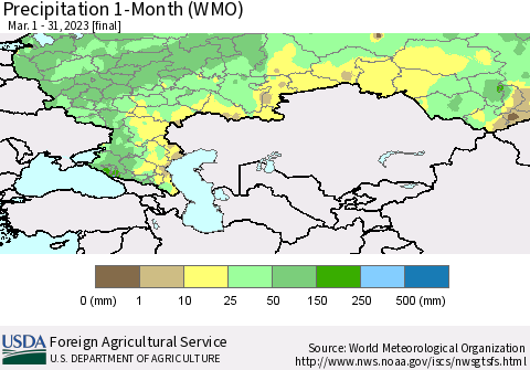 Russian Federation Precipitation 1-Month (WMO) Thematic Map For 3/1/2023 - 3/31/2023
