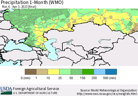 Russian Federation Precipitation 1-Month (WMO) Thematic Map For 3/6/2023 - 4/5/2023