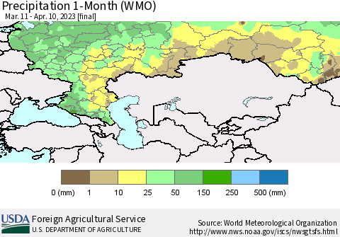 Russian Federation Precipitation 1-Month (WMO) Thematic Map For 3/11/2023 - 4/10/2023