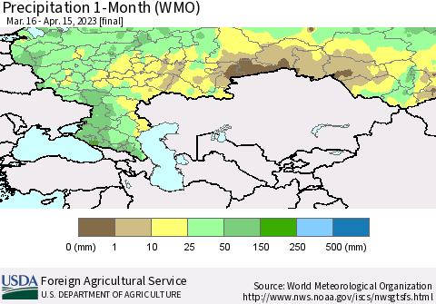 Russian Federation Precipitation 1-Month (WMO) Thematic Map For 3/16/2023 - 4/15/2023