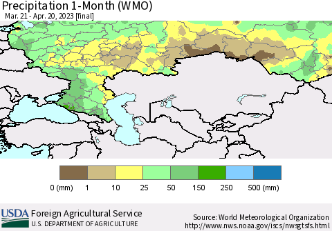 Russian Federation Precipitation 1-Month (WMO) Thematic Map For 3/21/2023 - 4/20/2023