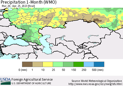 Russian Federation Precipitation 1-Month (WMO) Thematic Map For 3/26/2023 - 4/25/2023