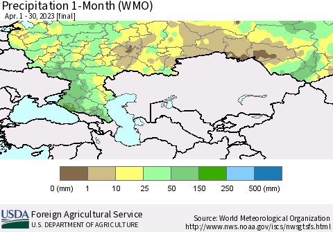 Russian Federation Precipitation 1-Month (WMO) Thematic Map For 4/1/2023 - 4/30/2023