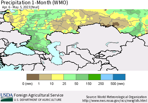 Russian Federation Precipitation 1-Month (WMO) Thematic Map For 4/6/2023 - 5/5/2023