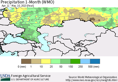 Russian Federation Precipitation 1-Month (WMO) Thematic Map For 4/11/2023 - 5/10/2023