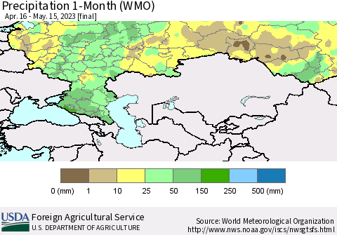 Russian Federation Precipitation 1-Month (WMO) Thematic Map For 4/16/2023 - 5/15/2023