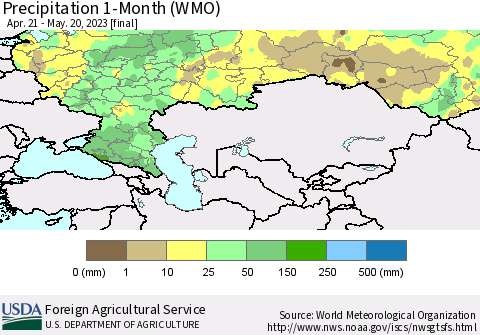 Russian Federation Precipitation 1-Month (WMO) Thematic Map For 4/21/2023 - 5/20/2023