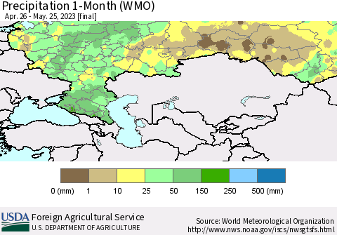 Russian Federation Precipitation 1-Month (WMO) Thematic Map For 4/26/2023 - 5/25/2023