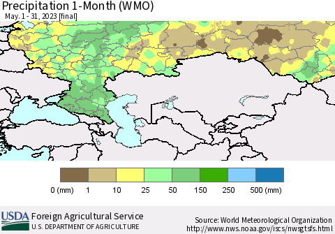 Russian Federation Precipitation 1-Month (WMO) Thematic Map For 5/1/2023 - 5/31/2023
