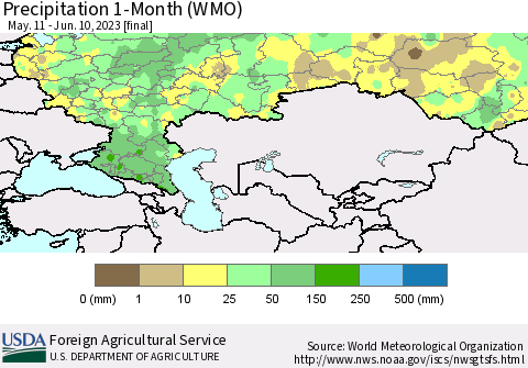 Russian Federation Precipitation 1-Month (WMO) Thematic Map For 5/11/2023 - 6/10/2023