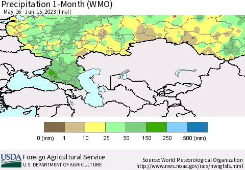Russian Federation Precipitation 1-Month (WMO) Thematic Map For 5/16/2023 - 6/15/2023