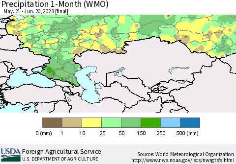 Russian Federation Precipitation 1-Month (WMO) Thematic Map For 5/21/2023 - 6/20/2023