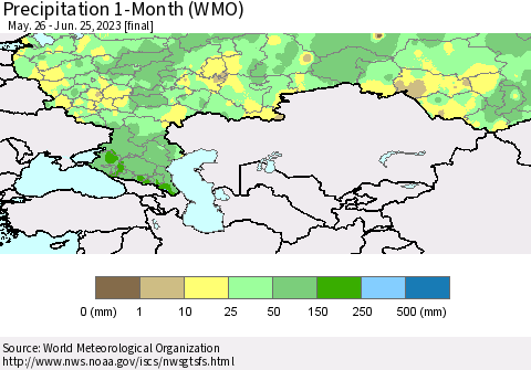 Russian Federation Precipitation 1-Month (WMO) Thematic Map For 5/26/2023 - 6/25/2023