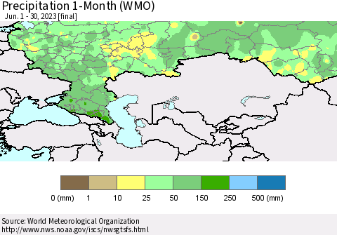 Russian Federation Precipitation 1-Month (WMO) Thematic Map For 6/1/2023 - 6/30/2023