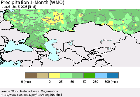 Russian Federation Precipitation 1-Month (WMO) Thematic Map For 6/6/2023 - 7/5/2023