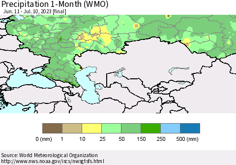 Russian Federation Precipitation 1-Month (WMO) Thematic Map For 6/11/2023 - 7/10/2023