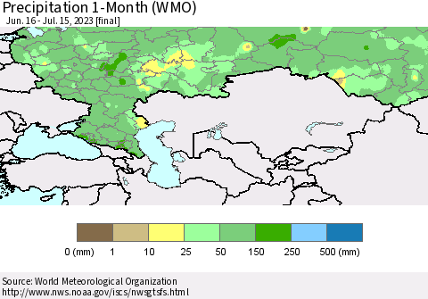 Russian Federation Precipitation 1-Month (WMO) Thematic Map For 6/16/2023 - 7/15/2023
