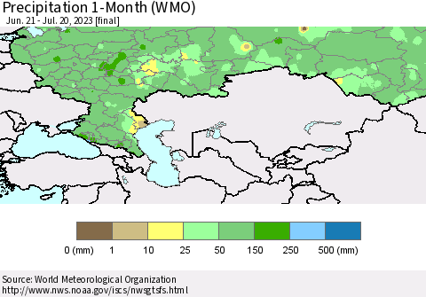 Russian Federation Precipitation 1-Month (WMO) Thematic Map For 6/21/2023 - 7/20/2023