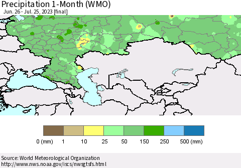 Russian Federation Precipitation 1-Month (WMO) Thematic Map For 6/26/2023 - 7/25/2023