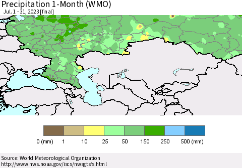 Russian Federation Precipitation 1-Month (WMO) Thematic Map For 7/1/2023 - 7/31/2023