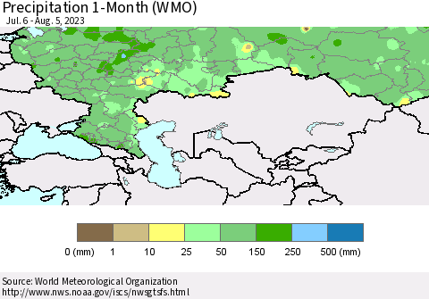 Russian Federation Precipitation 1-Month (WMO) Thematic Map For 7/6/2023 - 8/5/2023