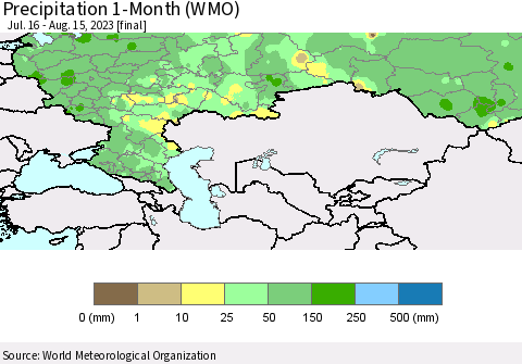 Russian Federation Precipitation 1-Month (WMO) Thematic Map For 7/16/2023 - 8/15/2023