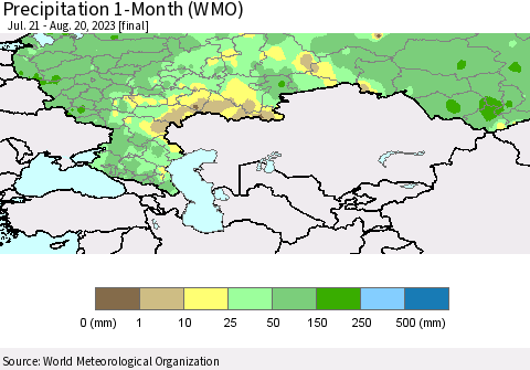 Russian Federation Precipitation 1-Month (WMO) Thematic Map For 7/21/2023 - 8/20/2023