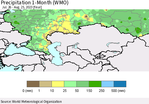 Russian Federation Precipitation 1-Month (WMO) Thematic Map For 7/26/2023 - 8/25/2023
