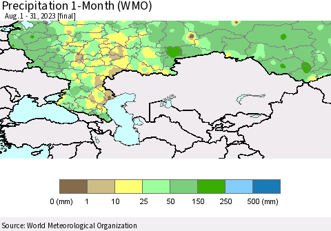 Russian Federation Precipitation 1-Month (WMO) Thematic Map For 8/1/2023 - 8/31/2023