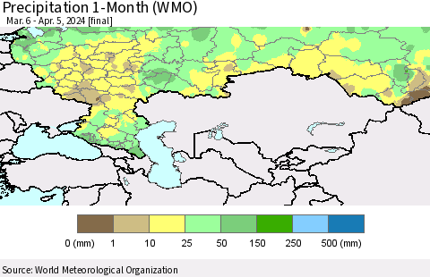 Russian Federation Precipitation 1-Month (WMO) Thematic Map For 3/6/2024 - 4/5/2024