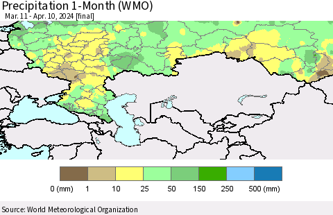 Russian Federation Precipitation 1-Month (WMO) Thematic Map For 3/11/2024 - 4/10/2024