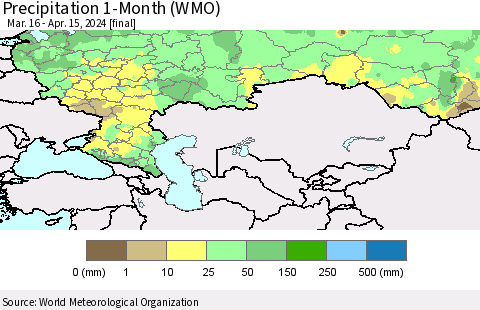 Russian Federation Precipitation 1-Month (WMO) Thematic Map For 3/16/2024 - 4/15/2024