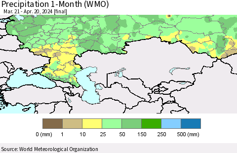 Russian Federation Precipitation 1-Month (WMO) Thematic Map For 3/21/2024 - 4/20/2024
