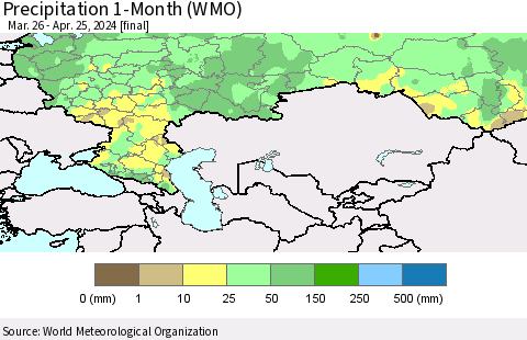 Russian Federation Precipitation 1-Month (WMO) Thematic Map For 3/26/2024 - 4/25/2024