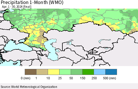 Russian Federation Precipitation 1-Month (WMO) Thematic Map For 4/1/2024 - 4/30/2024
