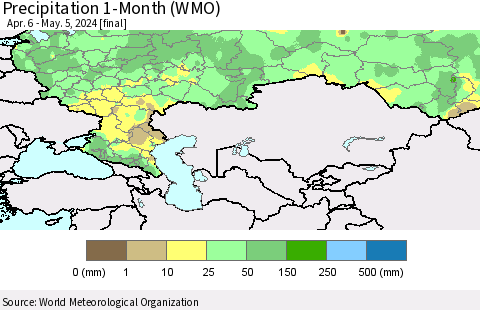 Russian Federation Precipitation 1-Month (WMO) Thematic Map For 4/6/2024 - 5/5/2024