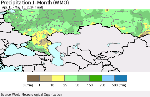 Russian Federation Precipitation 1-Month (WMO) Thematic Map For 4/11/2024 - 5/10/2024