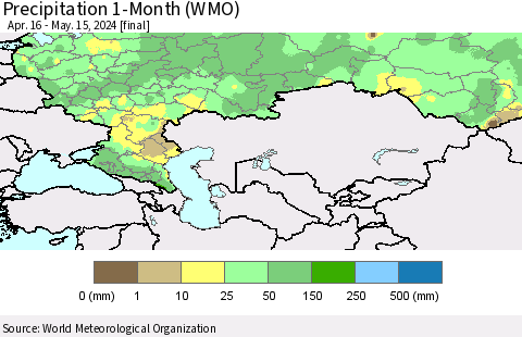 Russian Federation Precipitation 1-Month (WMO) Thematic Map For 4/16/2024 - 5/15/2024