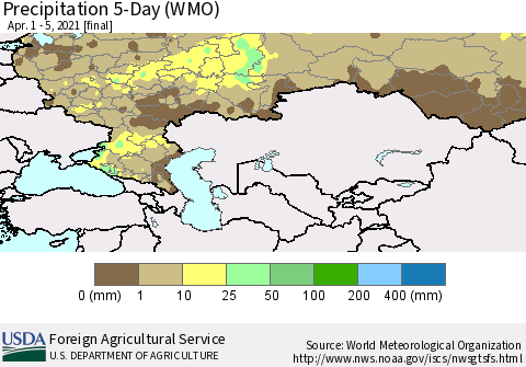 Russian Federation Precipitation 5-Day (WMO) Thematic Map For 4/1/2021 - 4/5/2021